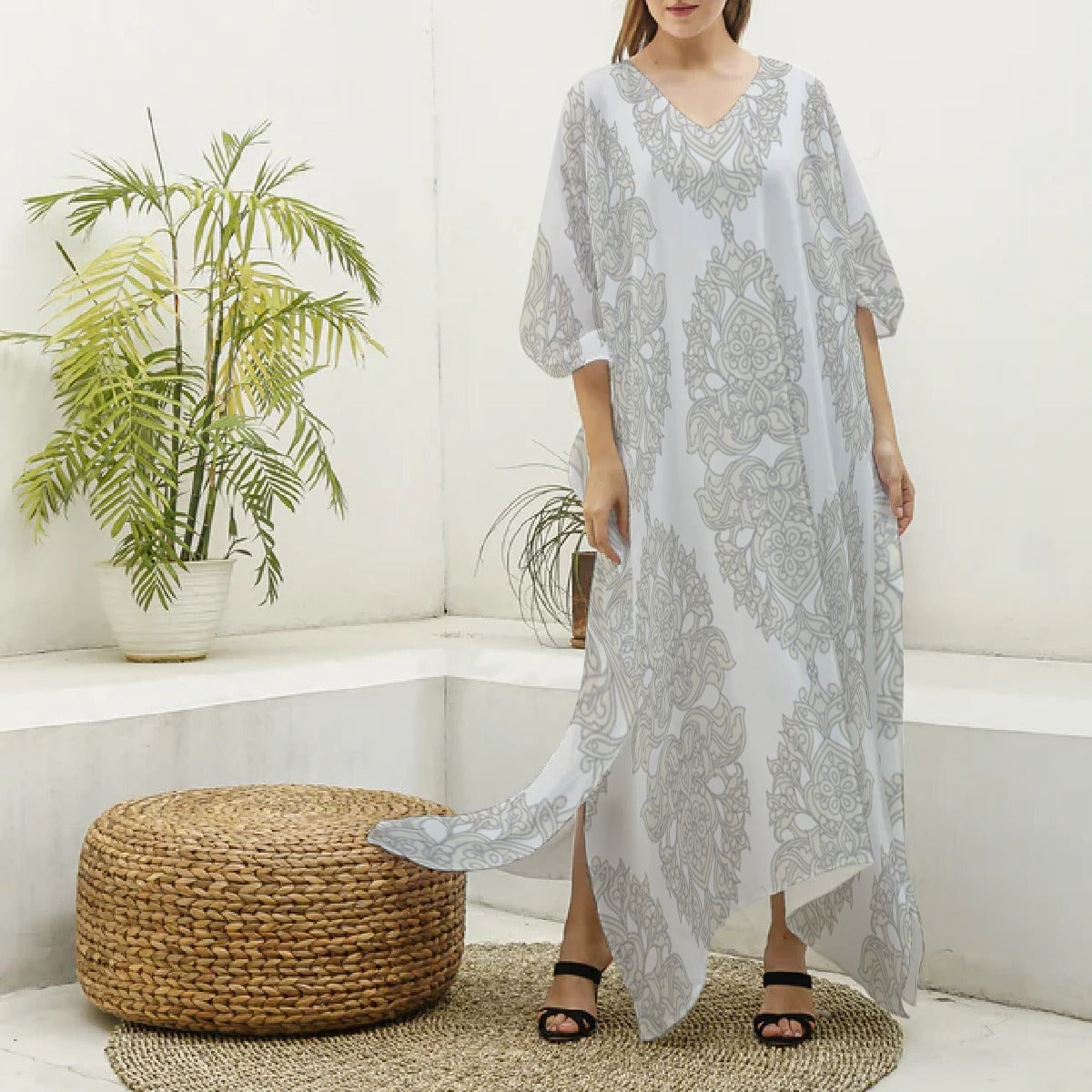 White & Gray V-Neck Beach Kaftan Robe