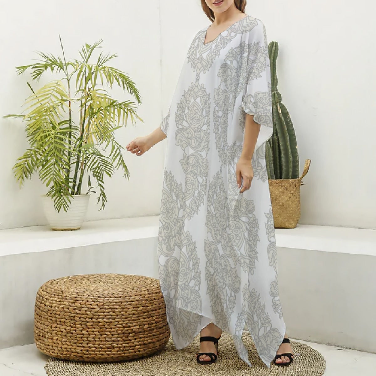 White & Gray V-Neck Beach Kaftan Robe
