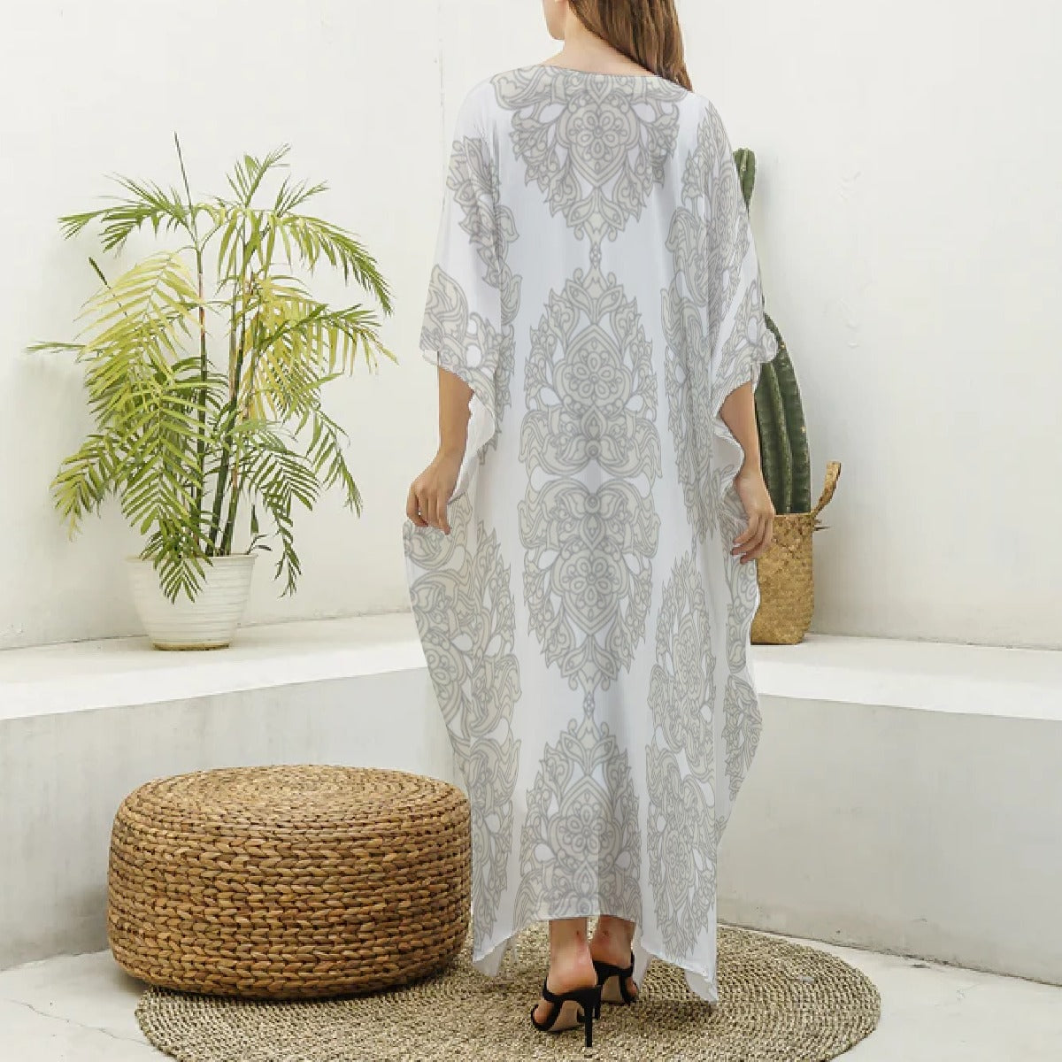 White & Gray V-Neck Beach Kaftan Robe