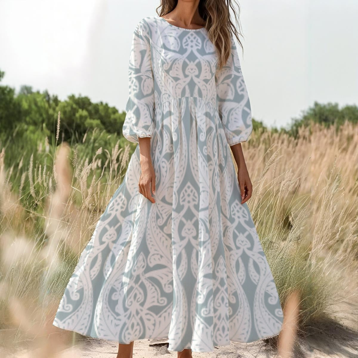 Elegant White Dress with Gray Pattern