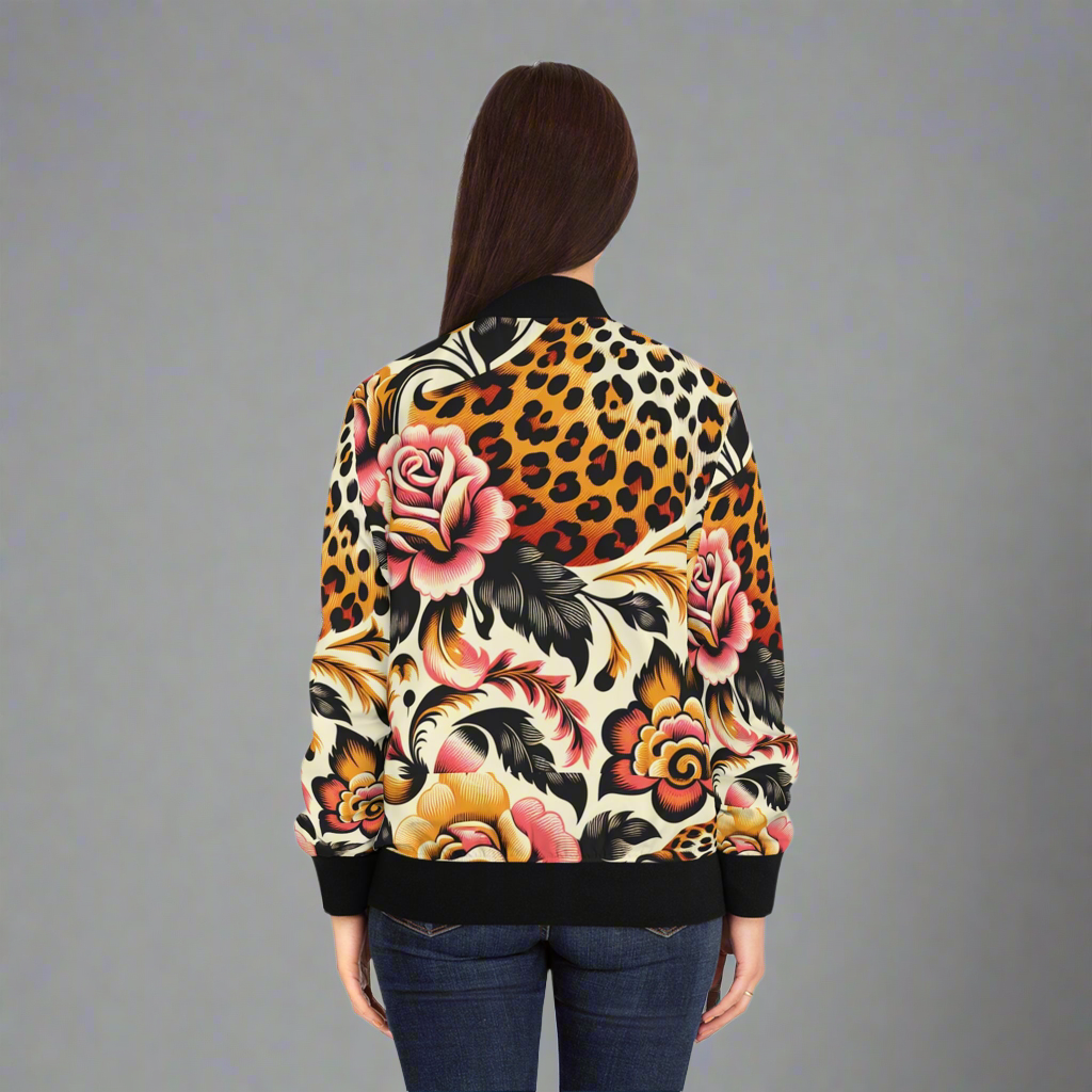 Floral & Leopard Print Women's Bomber Jacket - Trendy Fashion Outerwear