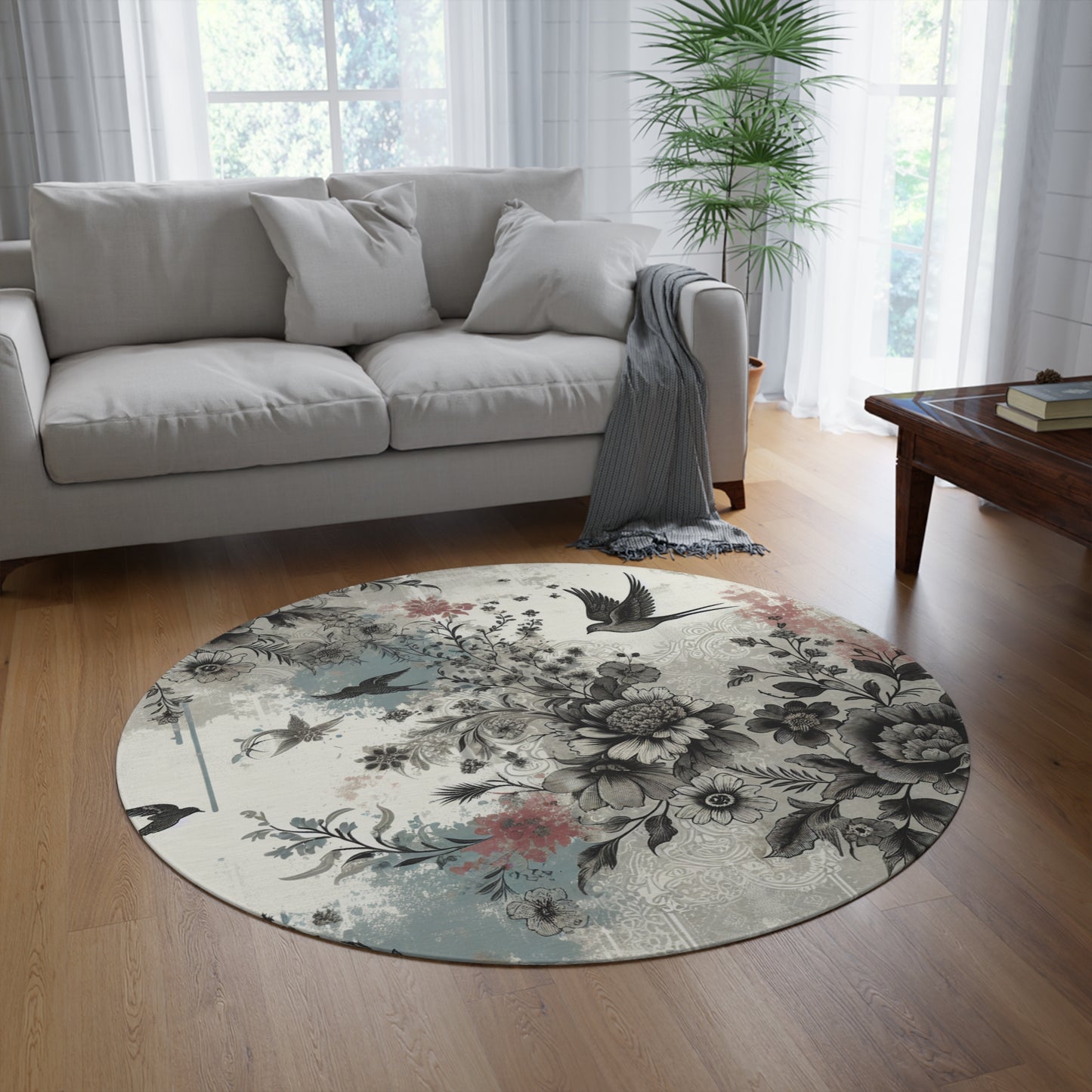 "Botanical Birds" Round Rug