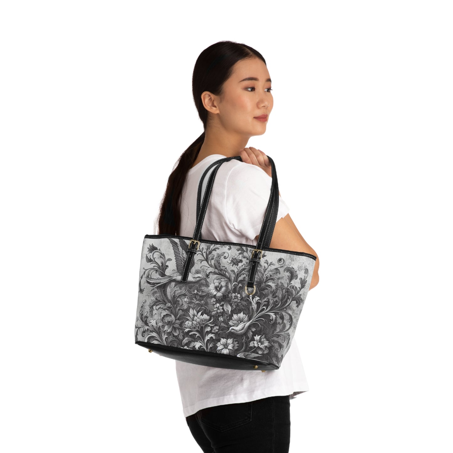 "Birds and flowers"Lefunk Gray Leather Tote