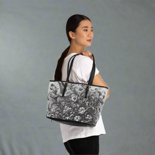 "Birds and flowers"Lefunk Gray Leather Tote