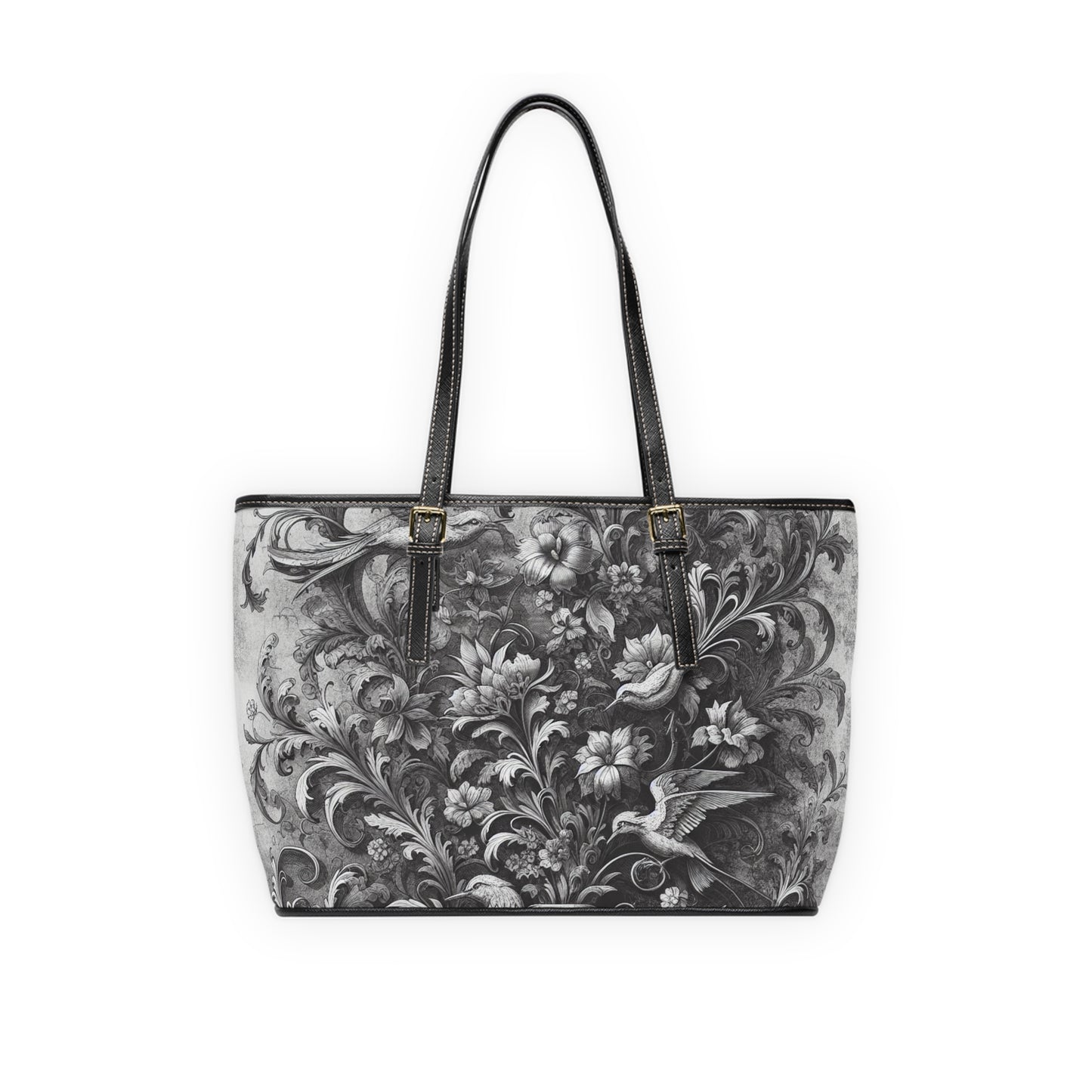 "Birds and flowers"Lefunk Gray Leather Tote