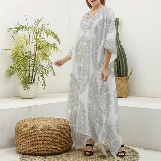 White & Gray V-Neck Beach Kaftan Robe