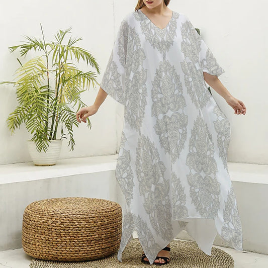 White & Gray V-Neck Beach Kaftan Robe