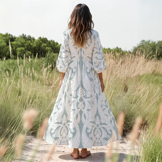 Elegant White Dress with Gray Pattern