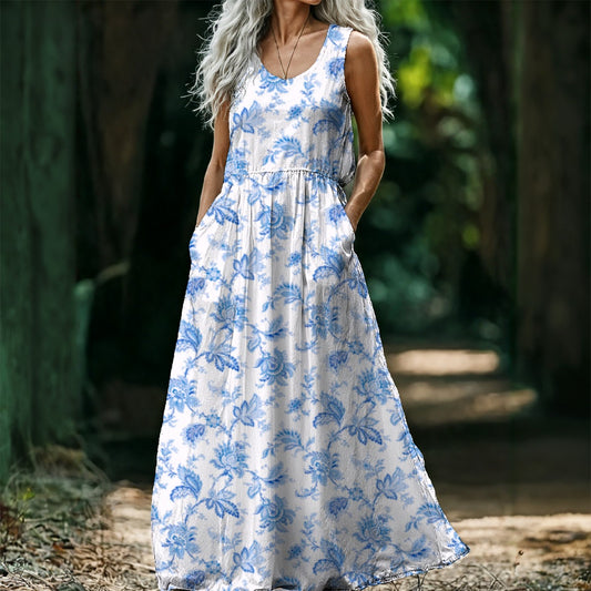 Elegant White Sleeveless Maxi Dress with Blue Floral Print