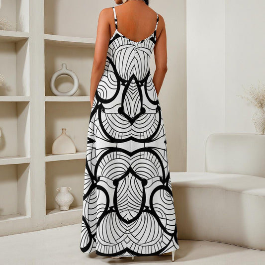 Lefunk Women's Elegant Maxi Dress with Black and White Geometric Pattern