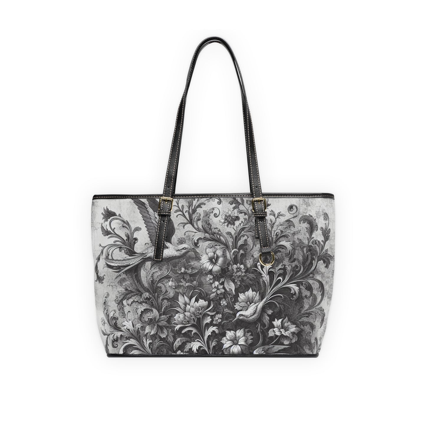 "Birds and flowers"Lefunk Gray Leather Tote