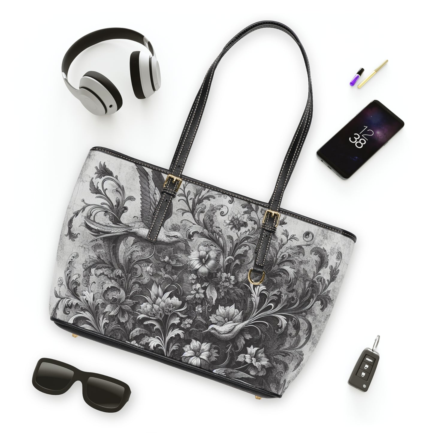 "Birds and flowers"Lefunk Gray Leather Tote