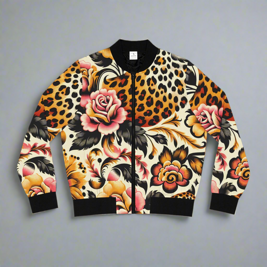 Floral & Leopard Print Women's Bomber Jacket - Trendy Fashion Outerwear