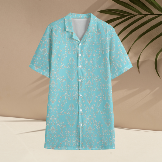 Light Blue Shirt With Vintage Pattern and  Button Closure